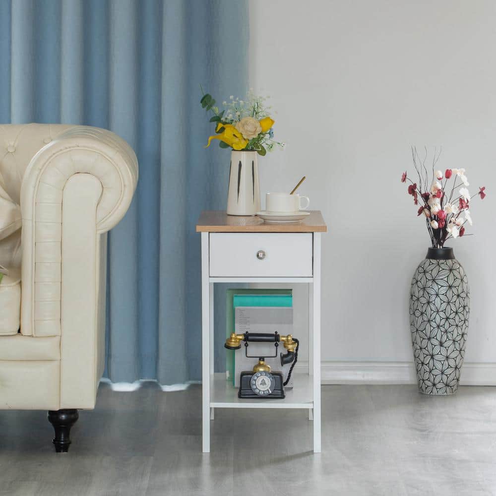 White and Light Brown Wooden Rectangular Accent Table with Drawer and Shelf
