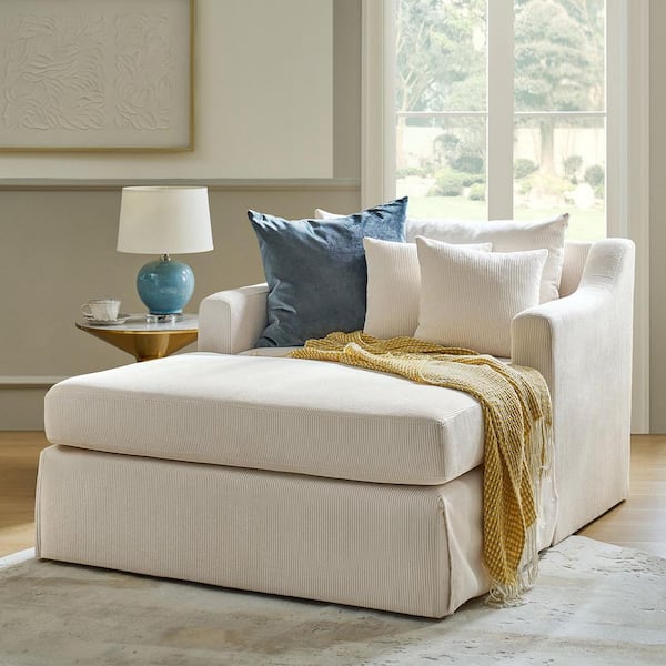 Massima White Polyester Slipcovered Chaise Lounge with 3 Pillows