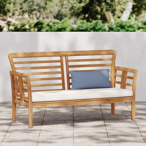 Chedworth Acacia Wood Outdoor Patio Loveseat with Cream Cushions