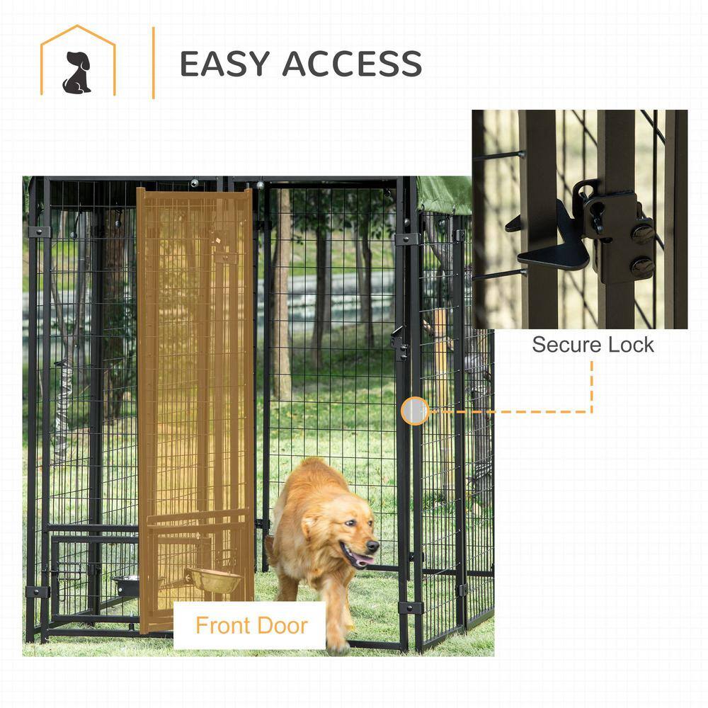 Outdoor Dark Green Steel Dog Kennel with Canopy