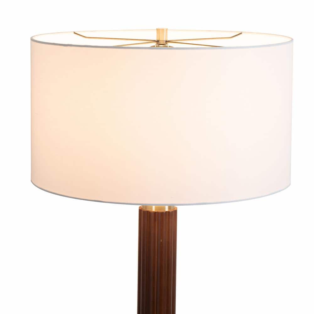 Dark Walnut and Brass Floor Lamp with White Linen Shade