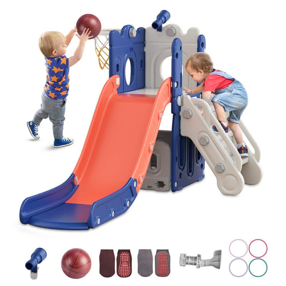 SEEUTEK 6.07 ft. Blue Orange 7-in-1 Toddler Slide L-Shaped