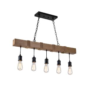 Elk Farmhouse 5-Light Black and Wood Finish Linear Island Chandelier with Rope Accents