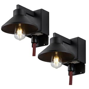 1-Light Matte Black Hardwired Outdoor Barn Light Sconce with GFCI Outlet 2-Pack