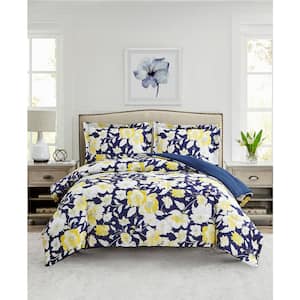 Aster Floral 3-Piece Yellow Ultra Soft Microfiber Full/Queen Comforter Bedding Set