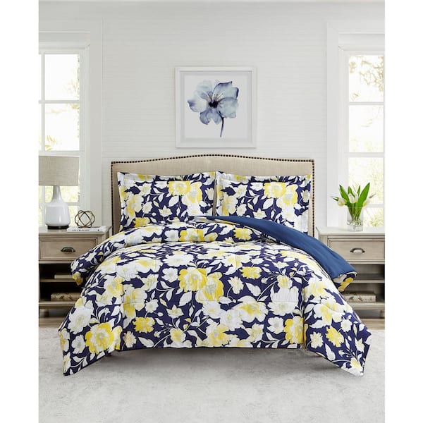 CEDAR COURT Aster Floral 3-Piece Yellow Ultra Soft Microfiber Full/Queen Comforter Bedding Set