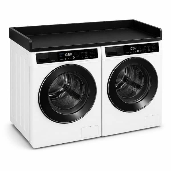 Black 54" Melamine Particle Board Wood 2 Bags Washer and Dryer Shelf with Raised Edges, Laundry Sorter Machine Surface