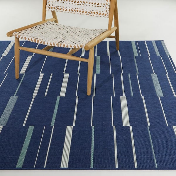 Hugo Navy 7 ft. 10 in. x 10 ft. Stripe Indoor/Outdoor Area Rug