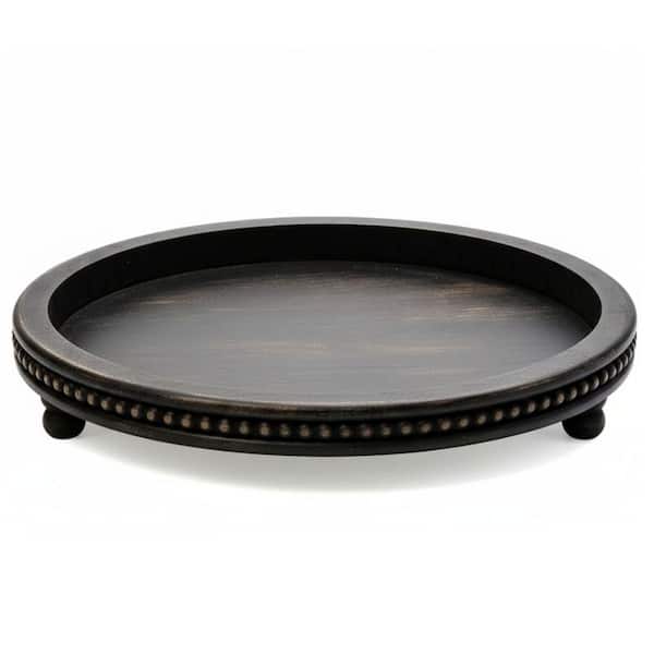 Black 12 in. Round Beaded Wooden Decorative Tray for Home