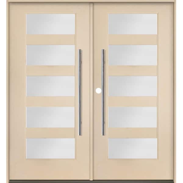 Modern Faux Pivot 72 in. x 80 in. Right-Active/Inswing 5Lite Satin Glass Unfinished Double Fiberglass Prehung Front Door