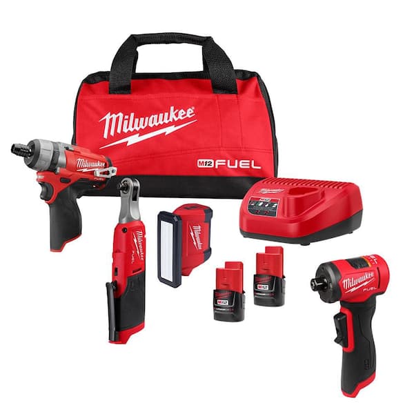 M12 12V Lithium-Ion Cordless Screwdriver, 3/8 in. High Speed Ratchet, Light, Right Angle Die Grinder Combo Kit (4-Tool)