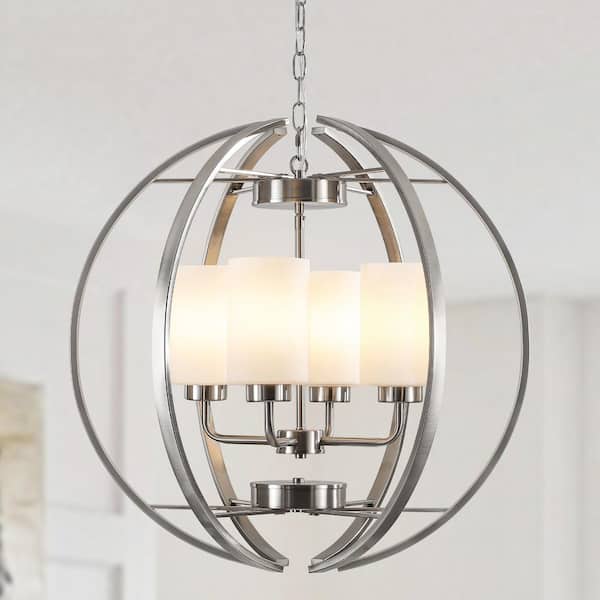 4-Light Nickel Modern Globe Pendant Light with Milk White Glass Shades Height Adjustable Chandelier for Dining Room