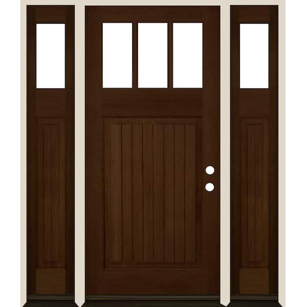 Krosswood Doors 64 in. x 80 in. Craftsman 3-Lite Clear Glass VG Provincial Stain Left Hand Hemlock Wood Prehung Front Door w/DSL