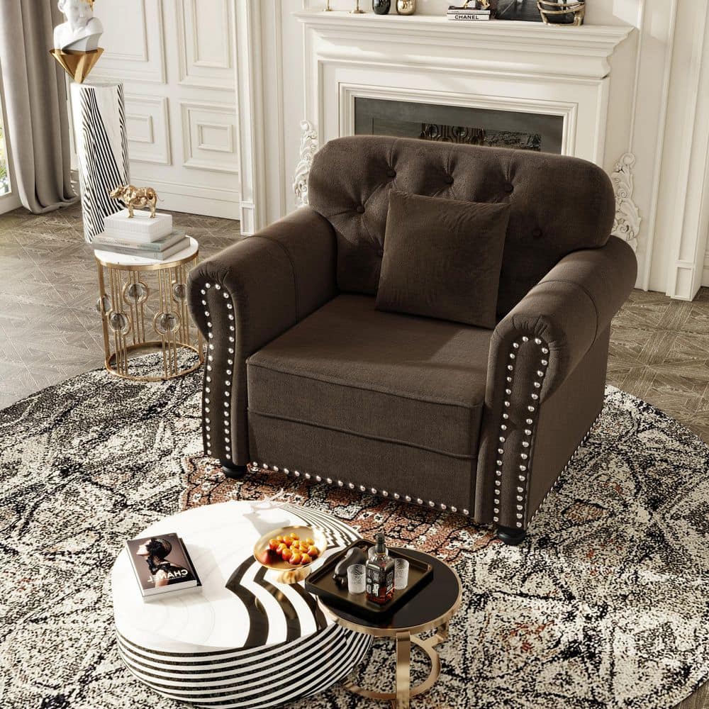 Elaine Mid-Century Modern 41.3 in. Velvet Rectangle Sofa in Brown with Nailhead Trim, Rolled Armrests, Pillow price history on PriceWatchPro