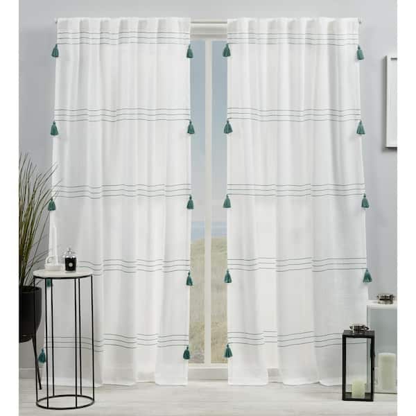null Demi Teal Horizontal Stripes Light Filtering Hidden Tab / Rod Pocket Curtain, 54 in. W x 96 in. L (Set of 2)