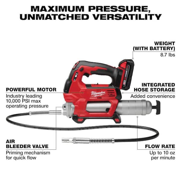 Milwaukee M18 18V Lithium-Ion Cordless Grease Gun 2-Speed with (3) Batteries, Charger, Tool Bag