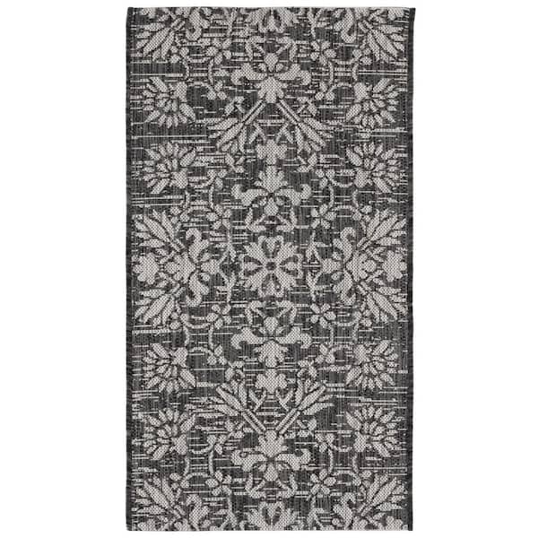 Courtyard Black/Light Gray 3 ft. x 5 ft. Antique Floral Indoor/Outdoor Area Rug