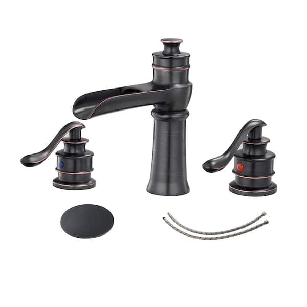 BWE 8 in. Waterfall Widespread 2-Handle Bathroom Faucet With Pop-up Drain Assembly in Spot Resist Oil Rubbed Bronze