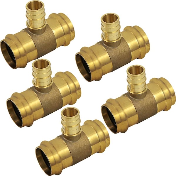 PLUMBFLEX 3/4 in. Pex A x 1 in. Press Lead Free Brass Tee Pipe Fitting (Pack of 5)