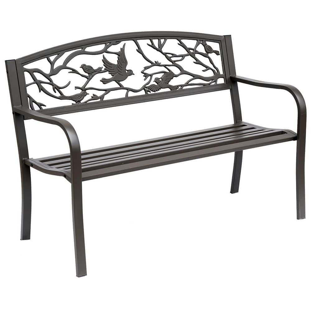 "50"" Metal Garden Bench, Outdoor Patio Bench with Animal Pattern, Cast Steel Metal Bench for Yard, Lawn, Porch, Brown" price history on PriceWatchPro