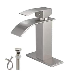 Single Handle Single Hole Bathroom Faucet with Waterfall and Drain Assembly in Brushed Nickel