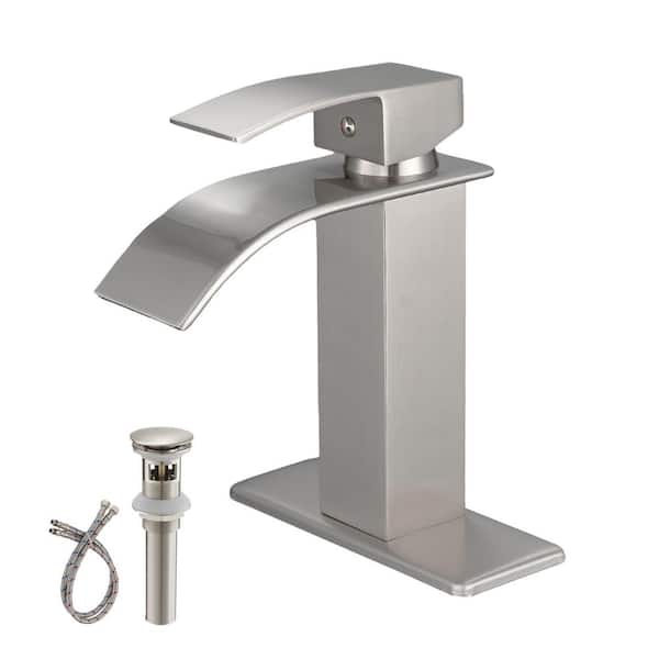 Unbranded Single Handle Single Hole Bathroom Faucet with Waterfall and Drain Assembly in Brushed Nickel