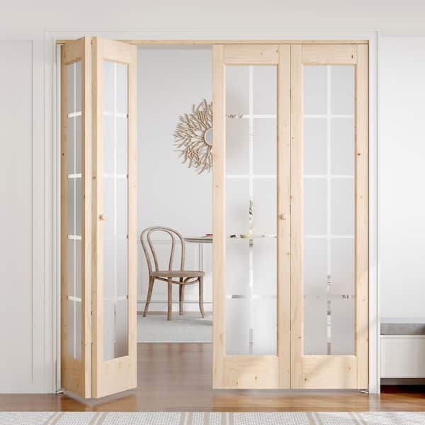 72 in. x 80 in. 3/4 Lite Frosted Glass Preassembled Solid Core Wood Spruce Bi-fold Door with Hardware