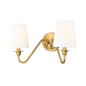 Gianna 20 in. 2-Light Modern Gold Wall Sconce with White Fabric Shades and No Bulb Included