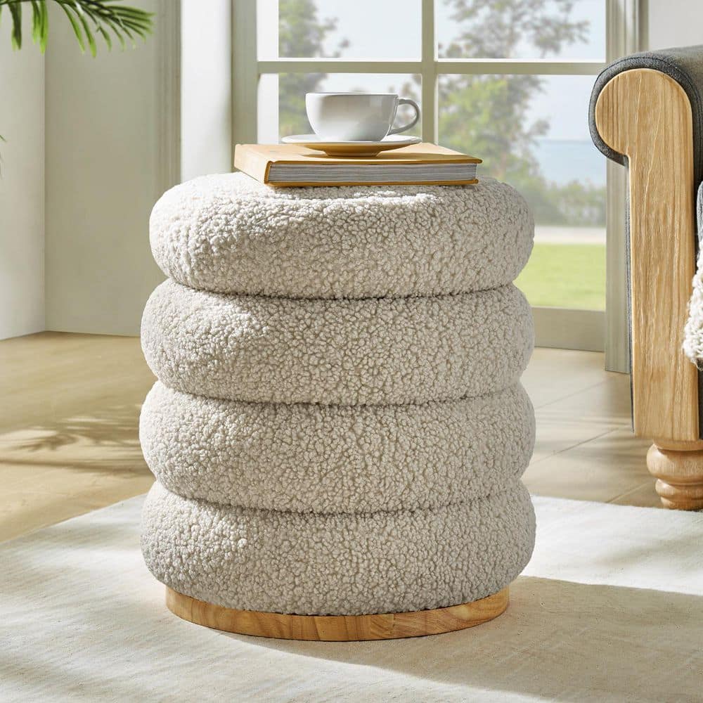 Anibal Tan Sherpa Round Swivel Ottoman with Solid Wood Legs