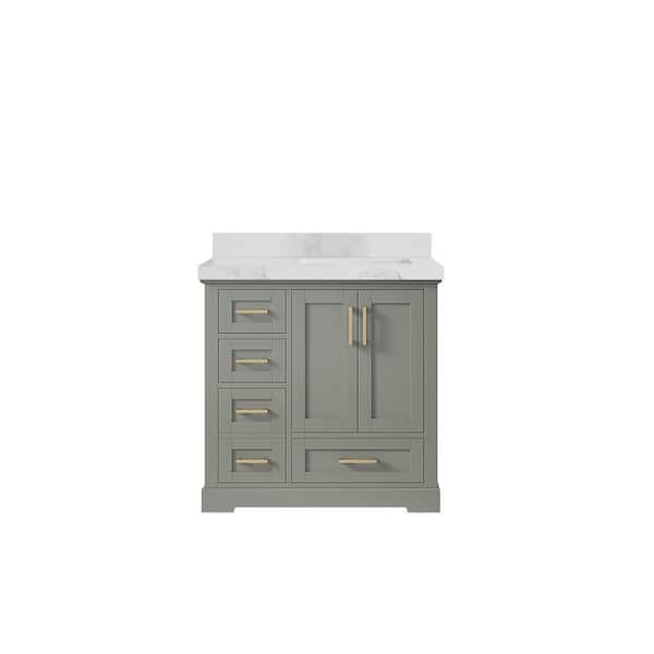 Willow Collections Boston 36 in. W x 22 in. D x 36 in. H Right Offset Sink Bath Vanity in Evergreen with 2 in. Calacatta Nuvo Quartz Top