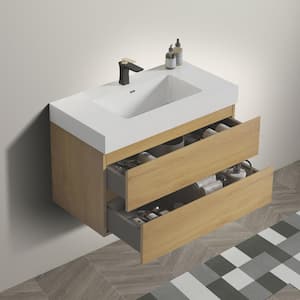 36 in. Single Sink Wall Mounted Natural Oak Bath Vanity with White Solid Surface Top Unassembled