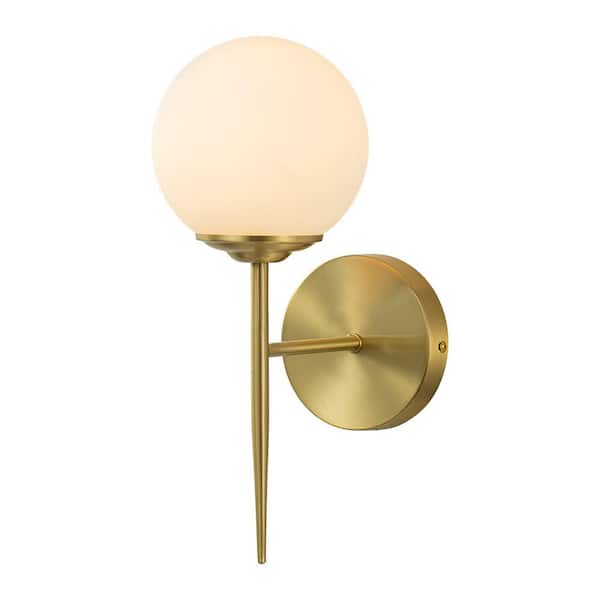 HUOKU Nimbus 1-Light Cone-Shaped in Brushed Brass Gold Finish Bedroom Hallway Wall Sconce with Globe Milk Glass