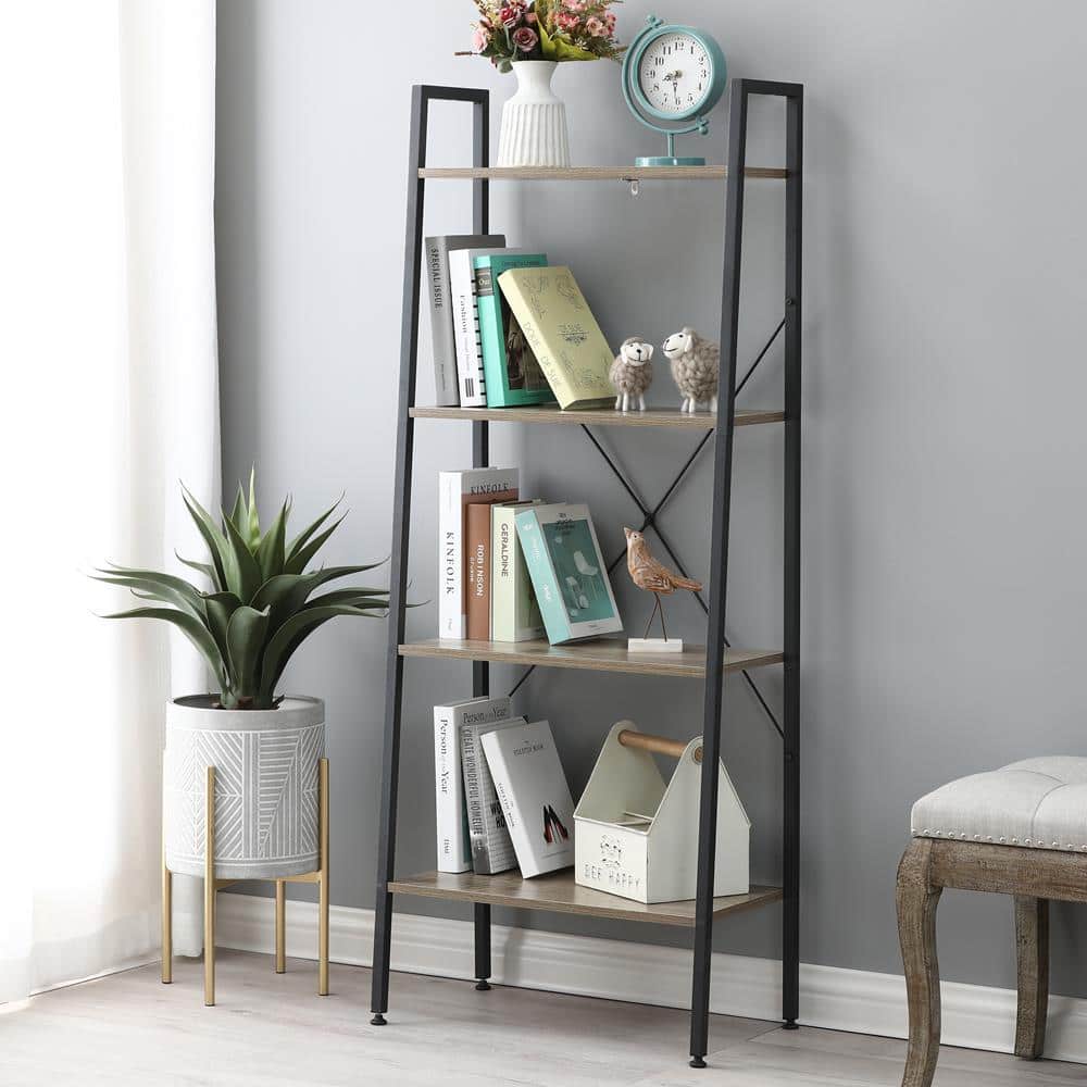 Black Metal and Wood 4-Shelf Ladder Bookcase