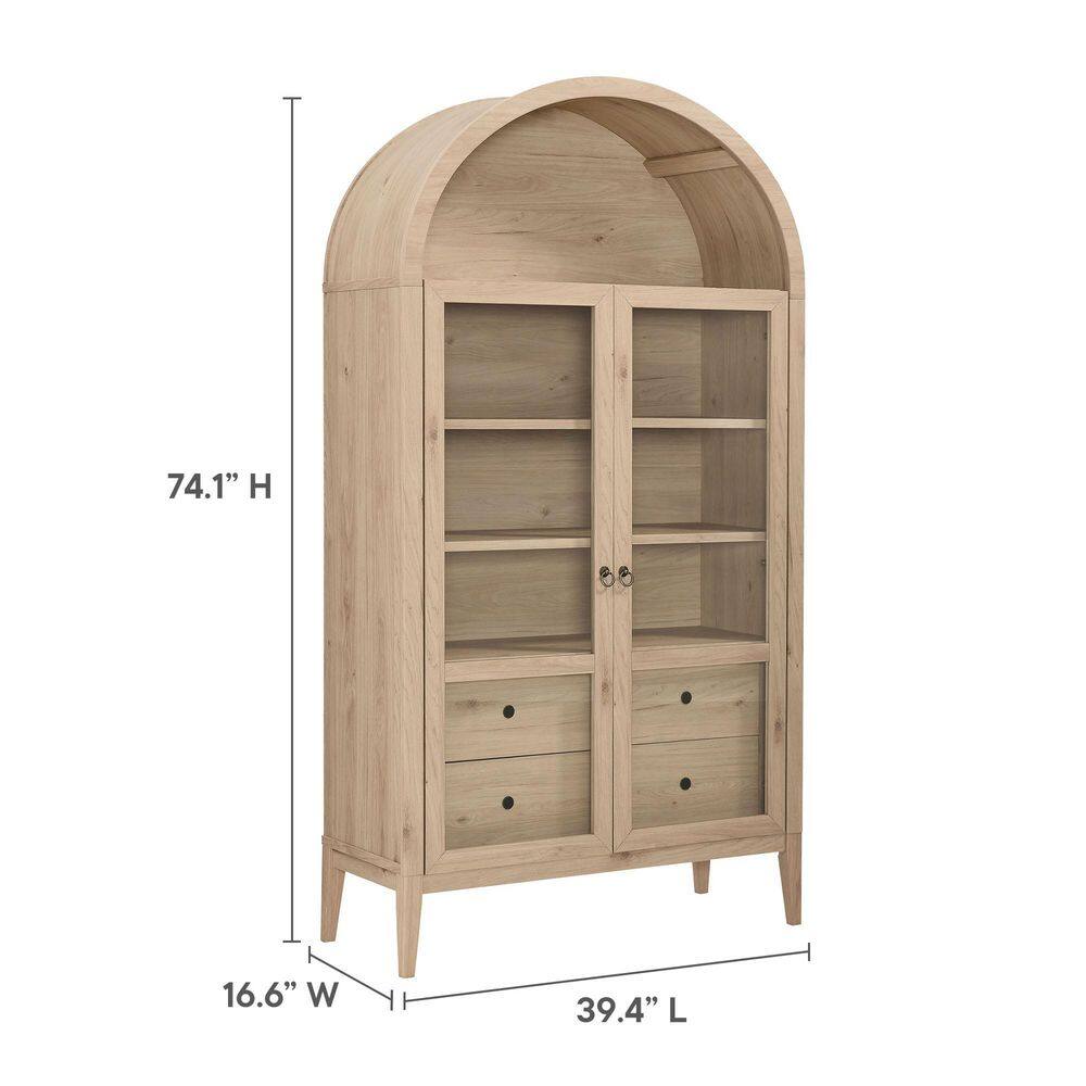Nolan Light Oak Tall Arched Storage Display Cabinet with Glass Doors