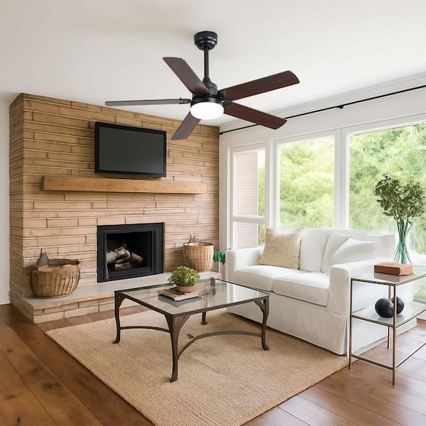 GlowAir 42 in. Matte Black Housing and Walnut Blade Downrod Mount Standard Ceiling Fan with Integrated LED and Remote