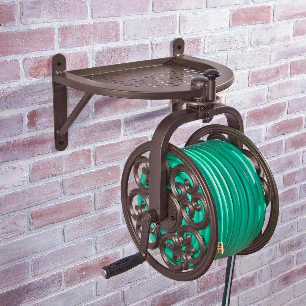 Brown Steel Wall Mount Rotating Hose Reel with Storage Tray
