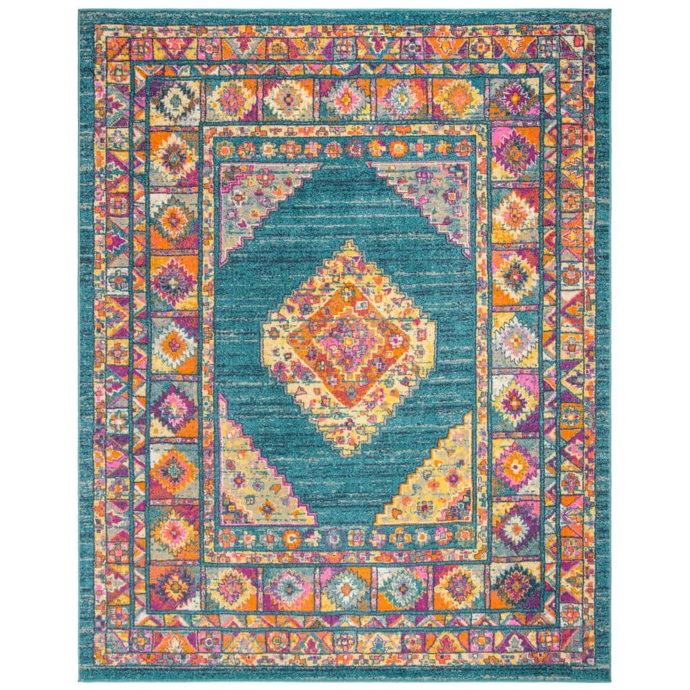 Light Blue and Orange Bohemian Synthetic Area Rug, 8' x 10'