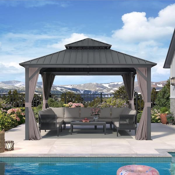 12 ft. x 12 ft. Gray Aluminum Hardtop Gazebo Canopy with Netting and Curtains