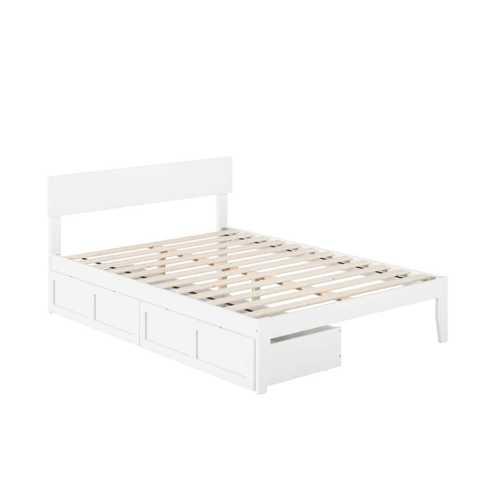 White Full Wood Platform Bed with Storage Drawers and Headboard