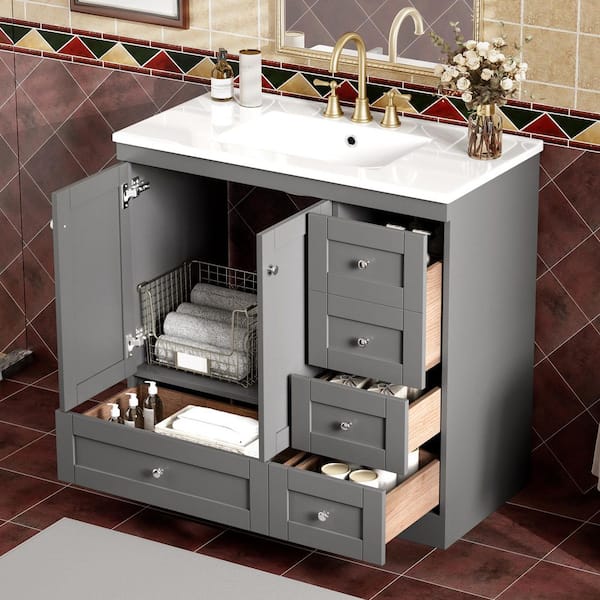 36 in. W x 18 in. D x 34.5 in. H Freestanding Bath Vanity in Gray with White Resin Single Sink Top, 4 Drawers & 2 Doors