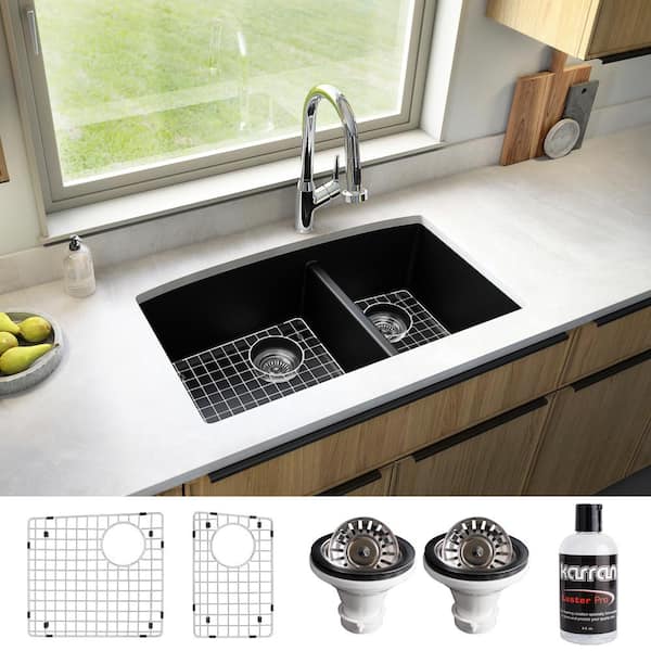 Karran QU-711 Quartz/Granite 32 in. Double Bowl 60/40 Undermount Kitchen Sink in Black with Bottom Grid and Strainer
