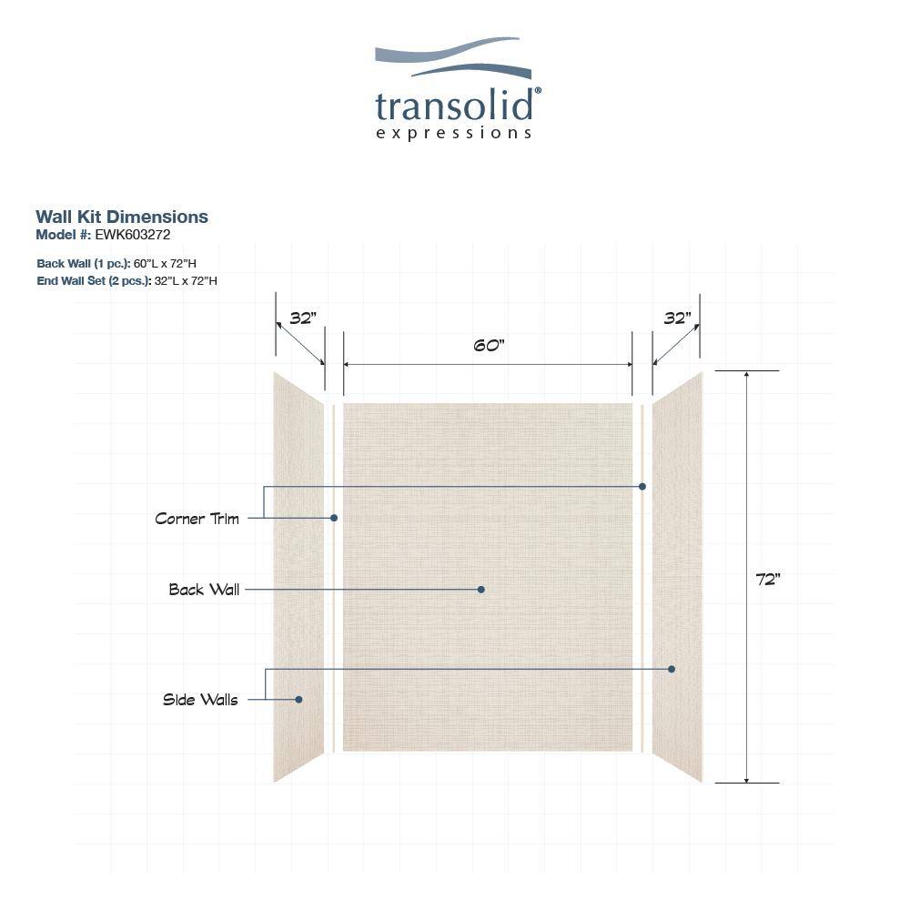 Cameo Solid Surface 3-Piece Shower Wall Kit, 36" x 60" x 72"