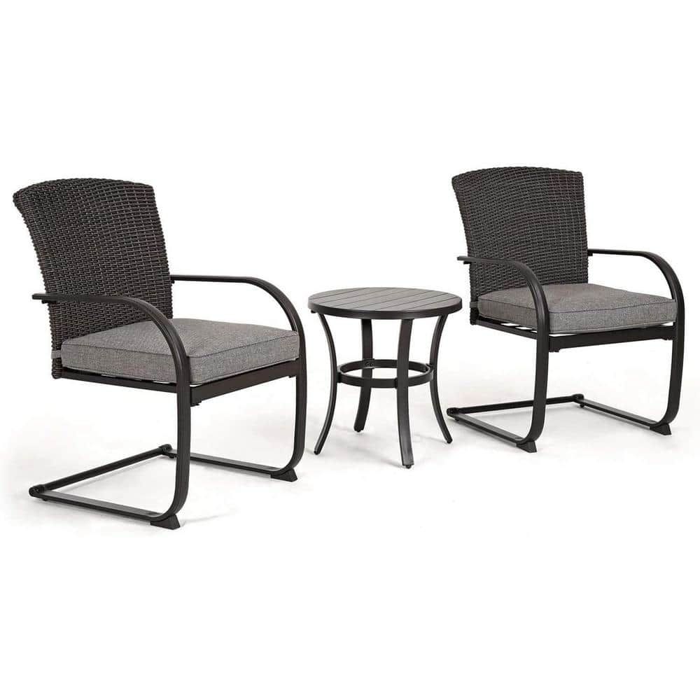 3-Piece Wicker Frame Outdoor Bistro Set 2 Spring Chairs with Gray Cushions 