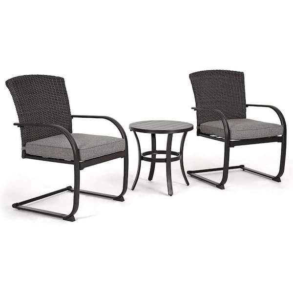 Unbranded 3-Piece Wicker Frame Outdoor Bistro Set 2 Spring Chairs with Gray Cushions and Metal Side Table