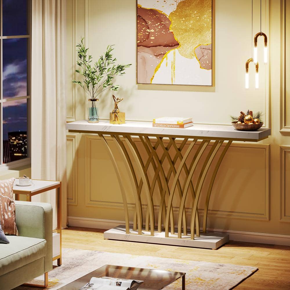 59'' Gold Console Table with White Faux Marble Top and Grid Metal Base
