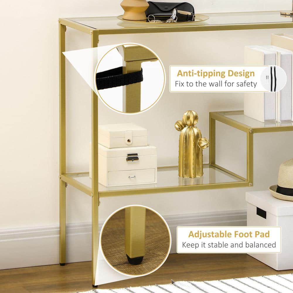 Gold Steel and Clear Glass Console Table with Storage Shelves