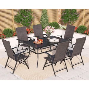 Black 7-Piece Metal Rectangle Table Patio Outdoor Dining Set with Folding Reclining Rattan Chairs