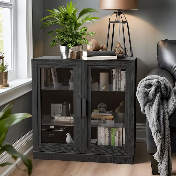31 in. Tall Black Wood Grain Wood 2-Shelf Standard Bookcase with Glass Doors, Storage