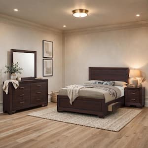 Benjara Fy 4-Piece Cherry Brown and Antique Brass Wood Queen Size