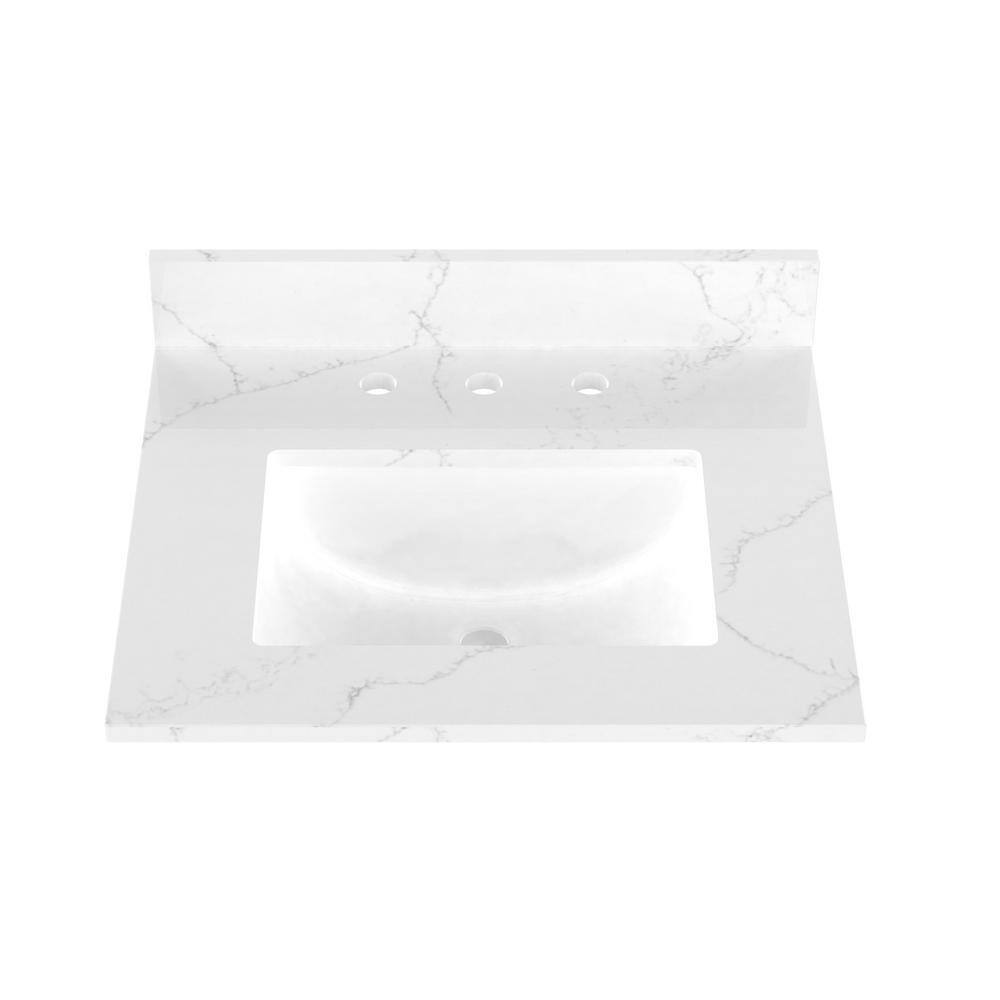25 in. x 22 in. Qt. Bathroom Vanity Top in Carrara White with Single White Rectangular